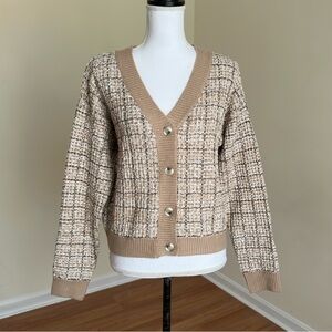 Jessica Simpson Tan Tweed Button Cardigan Sweater Size Large NWT